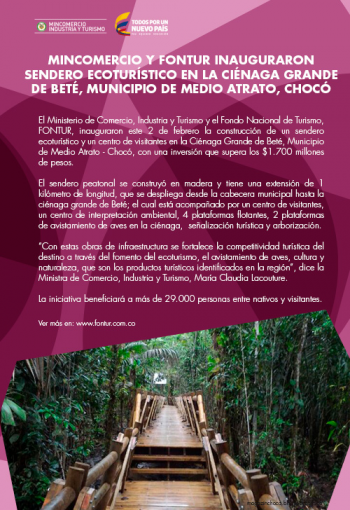 MinComercio y Fontur inauguraron sendero ecoturístico en La Ciénaga Grande de Beté, Municipio de Medio Atrato, Chocó